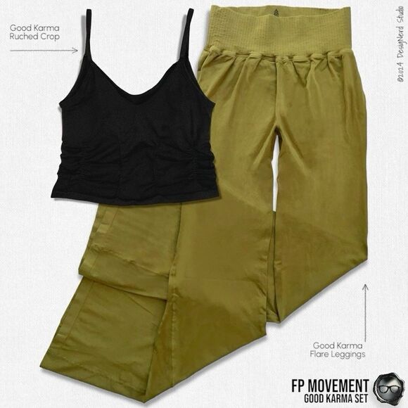 FP MOVEMENT GOOD KARMA SET: BLACK RUCHED CROP + DUSTED MILITARY FLARE LEGGINGS - Picture 1 of 14